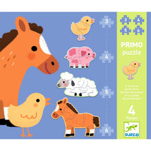 Afbeelding in Gallery-weergave laden, Djeco Primo puzzel 3,4,5,6 stukjes - Op de boerderij - DJ07153