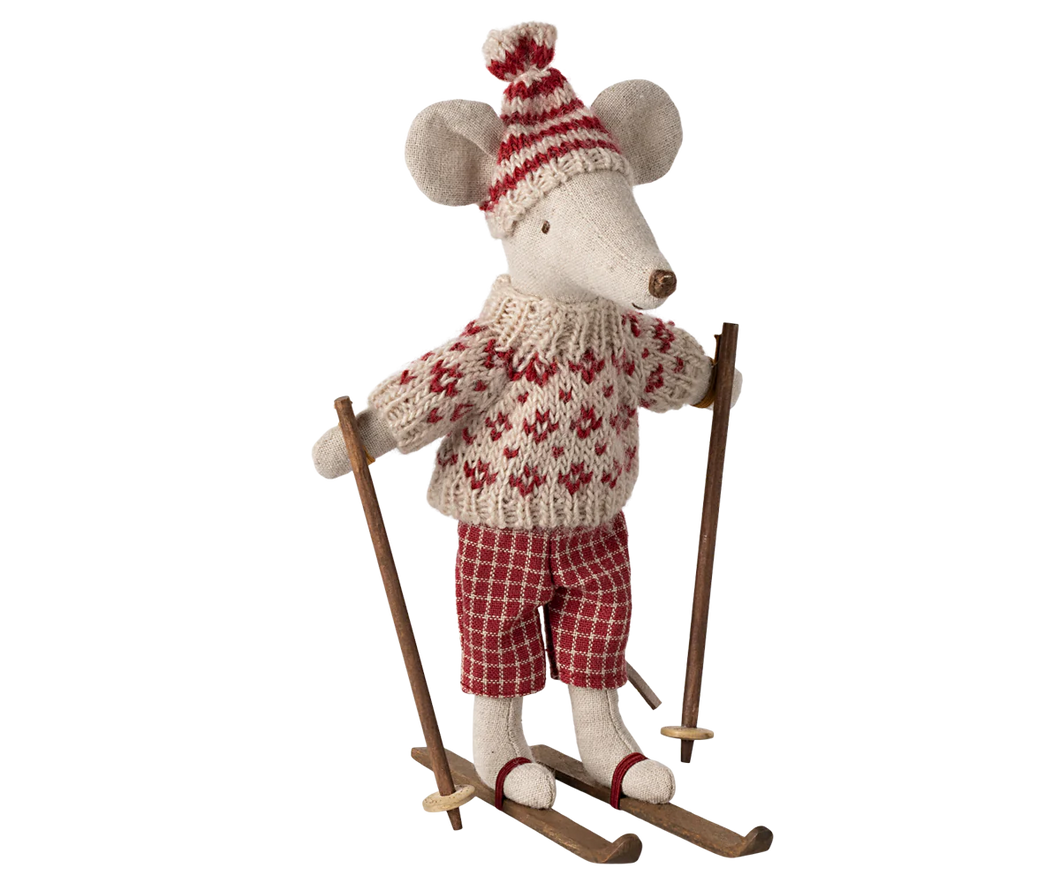 Maileg winter muis met ski set - mama muis rood 17-4304-00