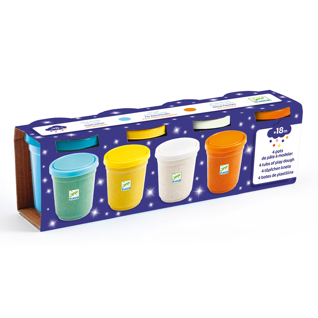 Djeco set van 4 potjes plasticine / boetseerklei met glitters - DJ09029