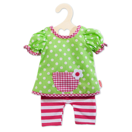 Poppenkleding jurk groene dots met legging - voor pop 28-35 cm