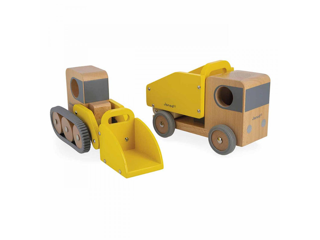 Janod Bolid houten werfvoertuigen kiepauto en bulldozer - J04634
