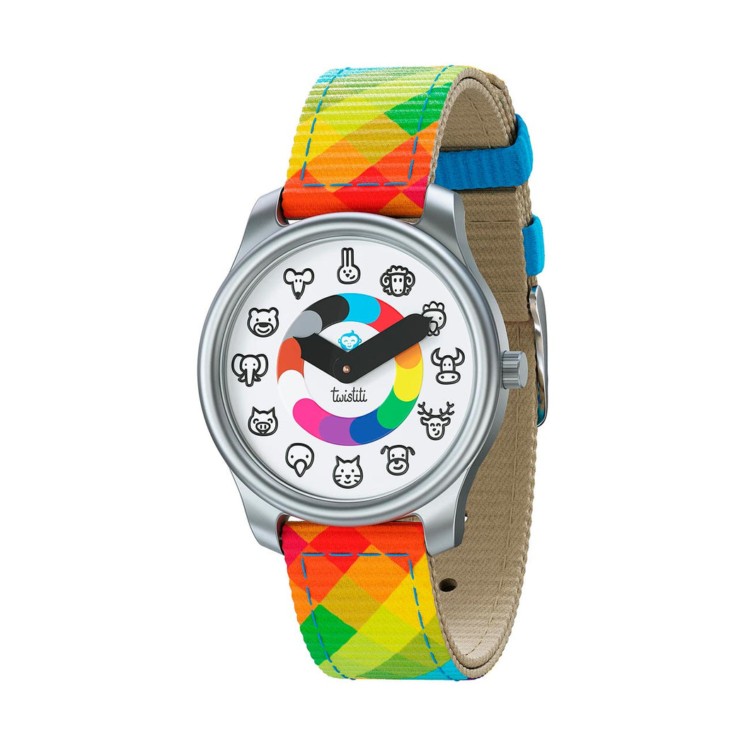 Twistiti horloge met klokje dieren - bandje Harlekijn